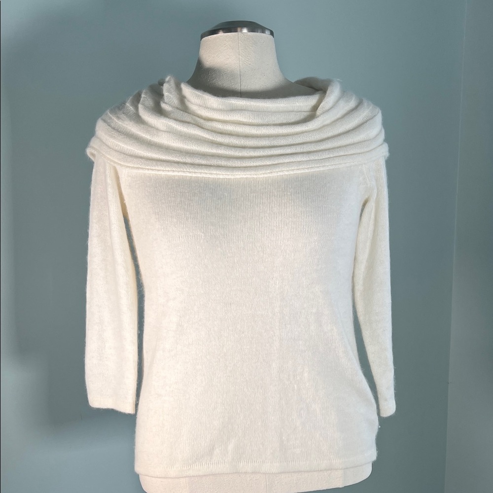 Soft Fuzzy Angora Blend Off Shoulder Cowl Neck Sweater Ivory Minimal Quiet Lux S
